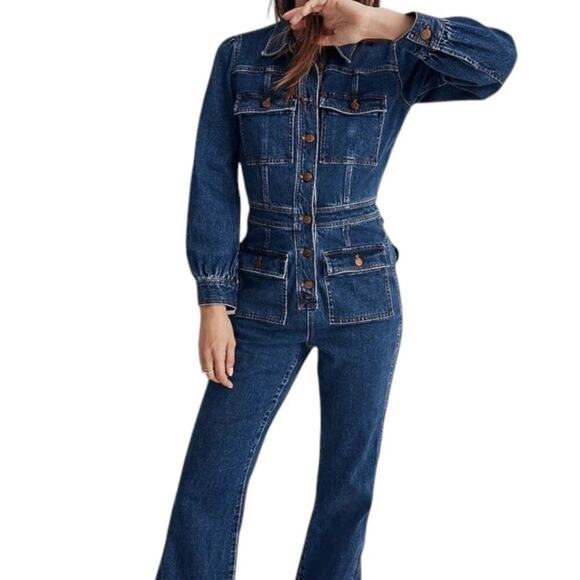 Madewell Denim Long Sleeve Jumpsuit SIZE 8 Indigo Coveralls Cropped CUTOFF HEM - Picture 1 of 15
